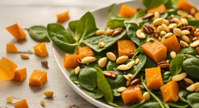 salad with roasted pumpkin cheese spinach and pine nuts