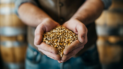 Homem segurando cevada na cervejaria. Mãos de agricultores masculinos segurando malte