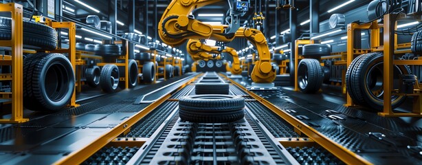 Car tire production line with robot arms and car tires on a conveyor belt in a modern factory, with cinematic lighting, in high resolution photography
