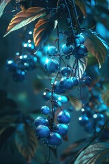 Digital vines producing electric blue fruits, advanced tech setting, tranquil and otherworldly