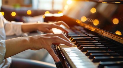 Playing the Piano: Hands playing a beautiful melody on a grand piano in a well-lit living room
