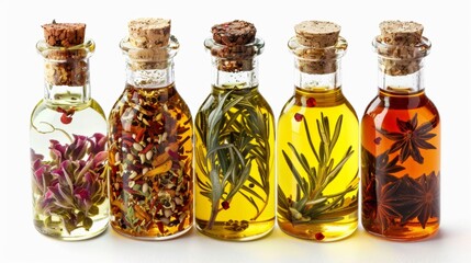 infused oils on white background. concept of food ingredient for designer.