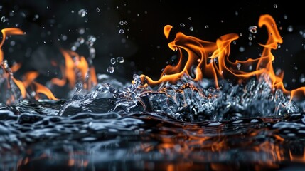 Fire flames and water on black background