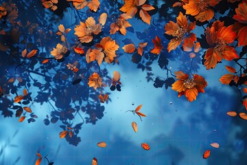 Electric blue and orange autumn foliage, floating in a tech enhanced setting, tranquil vibe