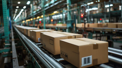 a warehouse with boxes on the side of it and a barcode on the side.