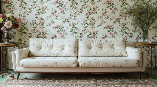 Modern Plain Sofa, Carpet, And Decor Items Like Flowers In Vase, Metal Twists, Etc. And White, Green, And Pink Wallpaper With Very Small Flower Pattern. Room Is Well Lit During The AI Generated