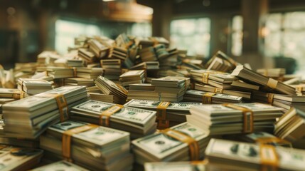 Big pile of US dollar notes a lot of money. Bill stacks cash, Millions of Dollars