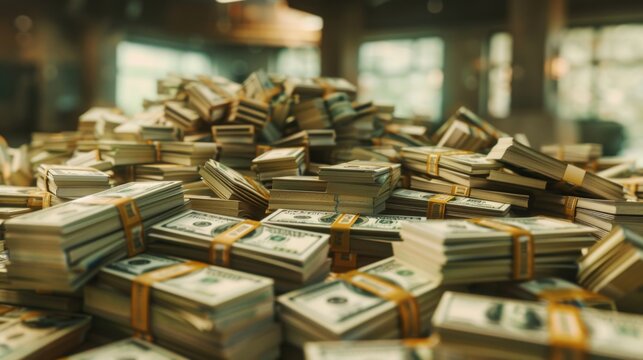 Big pile of US dollar notes a lot of money. Bill stacks cash, Millions of Dollars