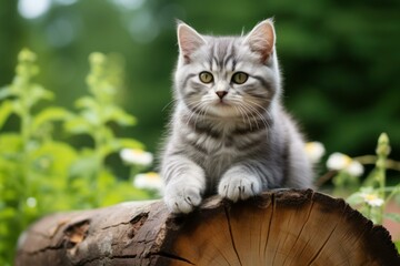Adorable fluffy grey kitten sits atop a log, surrounded by lush greenery - Powered by Adobe