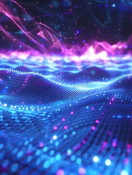 Electric blue and purple digital sound patterns, floating light vibrations, peaceful and modern environment