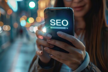 Woman shows phone with 'SEO' on screen