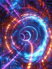 Obraz premium Futuristic time travel portal with glowing neon swirls, digital vortex, serene high tech ambiance