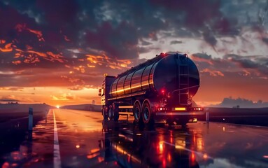 Big metal fuel tanker truck shipping fuel on the countryside road against a night sky with a very stunning sunset