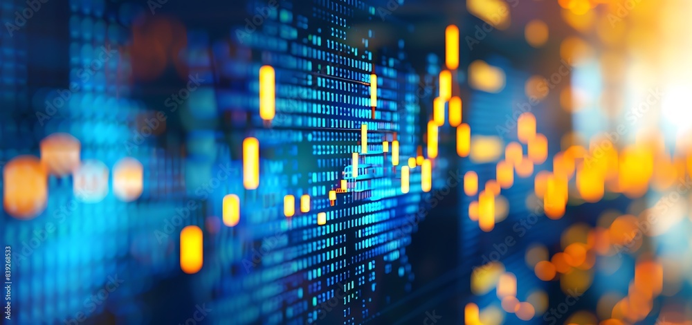 Wall mural The world of investments with a real photo showcasing a stock market chart background in striking blue and yellow tones. featuring stock candlestick charts that illustrate the volatility and trends.