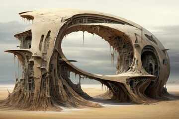 Imaginative rendering of a grand, derelict alien structure in a vast desert