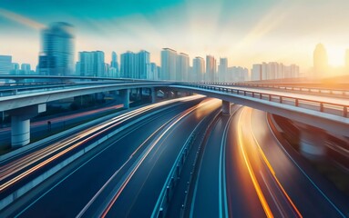Fototapeta premium Highway overpass motion blur with city background which is very impressive
