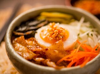Bibimbap bowl garnished with kimchi - Korean Traditional Food