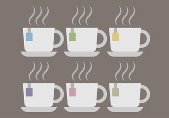 Tazas con infusión de diferentes tipos en fondo marrón.