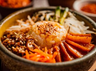 Bibimbap bowl garnished with kimchi - Korean Traditional Food