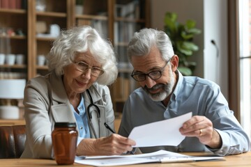 Elderly pair reviewing documents at desk
