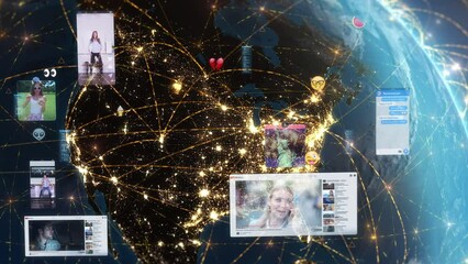 
Global Earth Communication Network Concept over United States with City Lights. Social Networking Interfaces, Streaming Videos, Emoji and Message Displays. Augmented Reality Elements. People. - Powered by Adobe