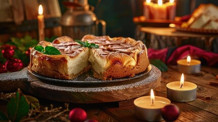 Naklejka premium A beautifully decorated cheesecake with fresh mint, surrounded by lit candles and festive holiday decor on a rustic wooden table.