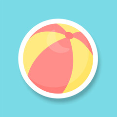 A beach ball sticker on a blue background. Summer sticker. Vector illustration.