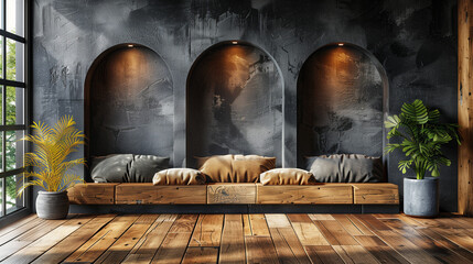 interior of a room; rustic living room with arches and columns on wall, wooden floor, original sitting place made with wooden bar and pillows; classy, luxury, simple space for relax with grey wall