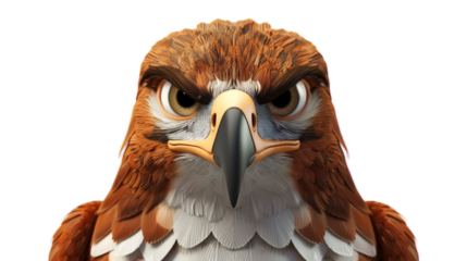 An animated red-tailed hawk stares intensely with a stern expression