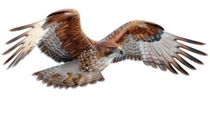 Red-tailed hawk flying against a white background