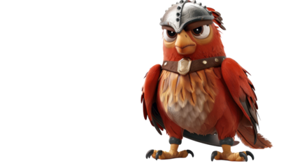 A red, cartoon bird wearing a metal helmet and a leather belt