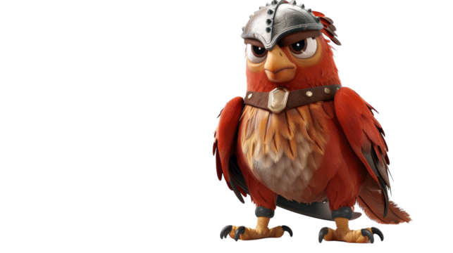 A red, cartoon bird wearing a metal helmet and a leather belt