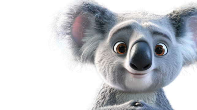 A close-up image of an animated koala bear with a friendly expression