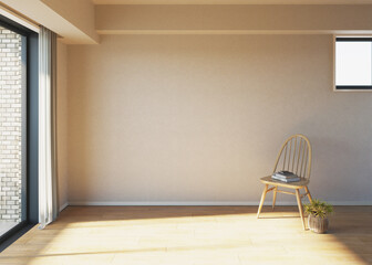 一人暮らしの部屋　壁と椅子と本　モノが無い暮らし