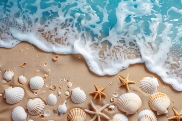 Ocean shells and starfish by beach