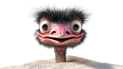 A close-up of an ostrichs head with large eyes and a wide smile