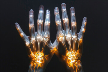 Naklejka premium close-up, pain in the hands, x-ray of the bones of the hands with, Muscle strain,tendonitis and tendovaginitis,joint diseases,injuries,circulatory disorder