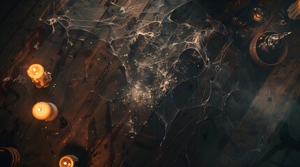 Top view stained table in a haunted mansion: Dark wood with chipped paint, cobwebs and dust around the edges. Spooky ingredients for a mysterious potion arranged in the center