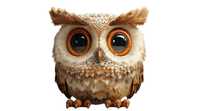 A cute brown owl with large, round eyes, sitting on a white background