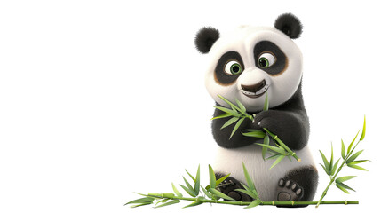 A happy, cartoon panda bear enjoying a meal of fresh bamboo