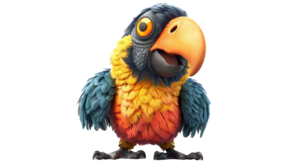A bright and colorful cartoon parrot stands on a white background