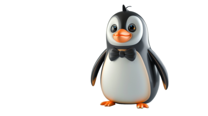 A cartoon penguin with a bowtie smiles in front of a white background