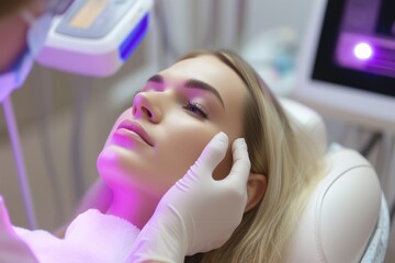Fototapeta premium A young blonde woman undergoes a radiofrequency face lift procedure. A gloved technician uses a device that emits violet light, directing it onto the patient's skin. A woman lies with her eyes closed,