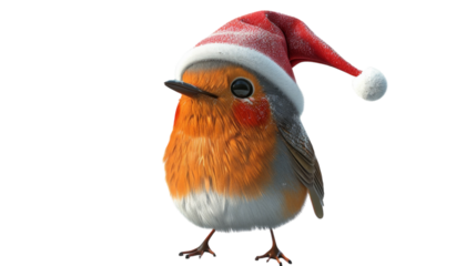 A cute robin bird wearing a snowy red Santa hat