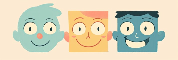 Minimalist cartoon faces with simple features like eyes and smiles, on a soft pastel background