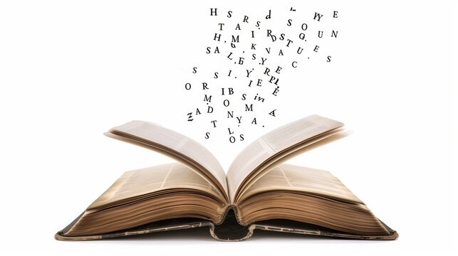An open book with letters floating above it