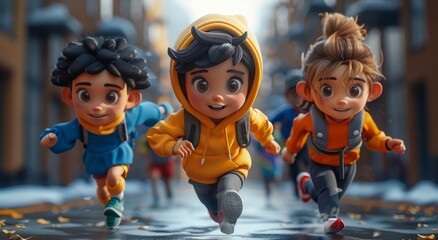 3D render: Stylized cartoon running marathon. Includes young boy, school kid participants