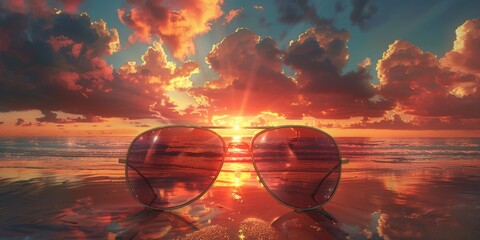 A pair of sunglasses is sitting on the water at sunset