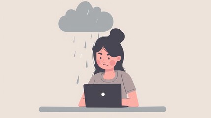 A cartoon illustration of a sad woman working on a laptop with a rain cloud above her