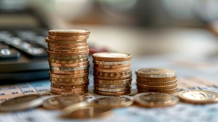 Close-up of coin stacks next to a calculator, symbolizing budgeting and savings